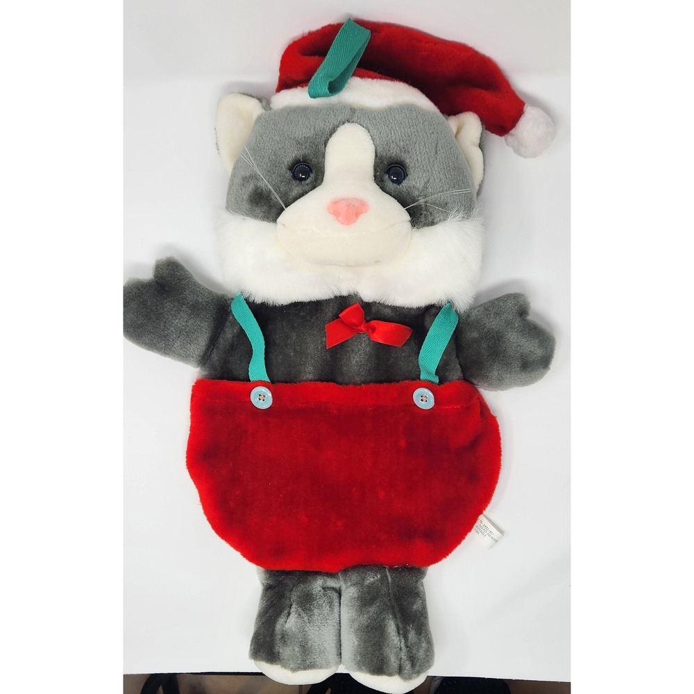 Vtg Cat Stocking Grey Kitty Santa Hat Bib Overalls Velvet Flocked Nose Kitten
